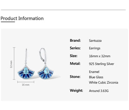 SANTUZZA Authentic 925 Sterling Silver Drop Earrings For Women Sparkling White CZ Blue Stone Fan Shape Chic Party Fine Jewelry