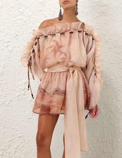 Zimm Runway Designer Slash Neck Silk Linen Printing Women Long Sleeve Mini Dress Chic Vintage Bohemian Elegant Luxury