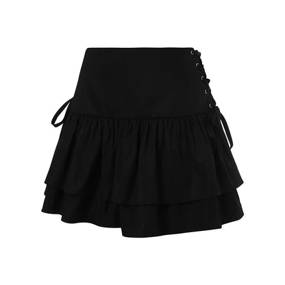 Women s Pleated High Waist Mini Skirt Solid Color Ruffle A-Line Skirt with Criss Cross Tie Up Detail