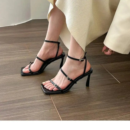 New Women's Shoes Fashion Buckle Design Square Toe Thin High Heel Sandals Shoes for Women Sandalias De Mujer 2023