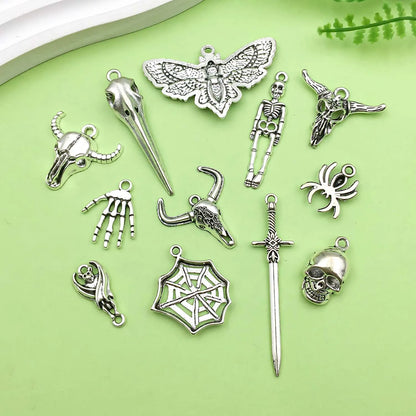 10/12pcs Halloween Decorate Charms Alloy Skull moth,Spider,Bull Head,bat Pendants for DIY Jewelry Making Accessories