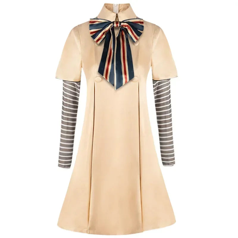 EtherealBe M3GAN cosplay costume for kids with a stylish bow and striped sleeves