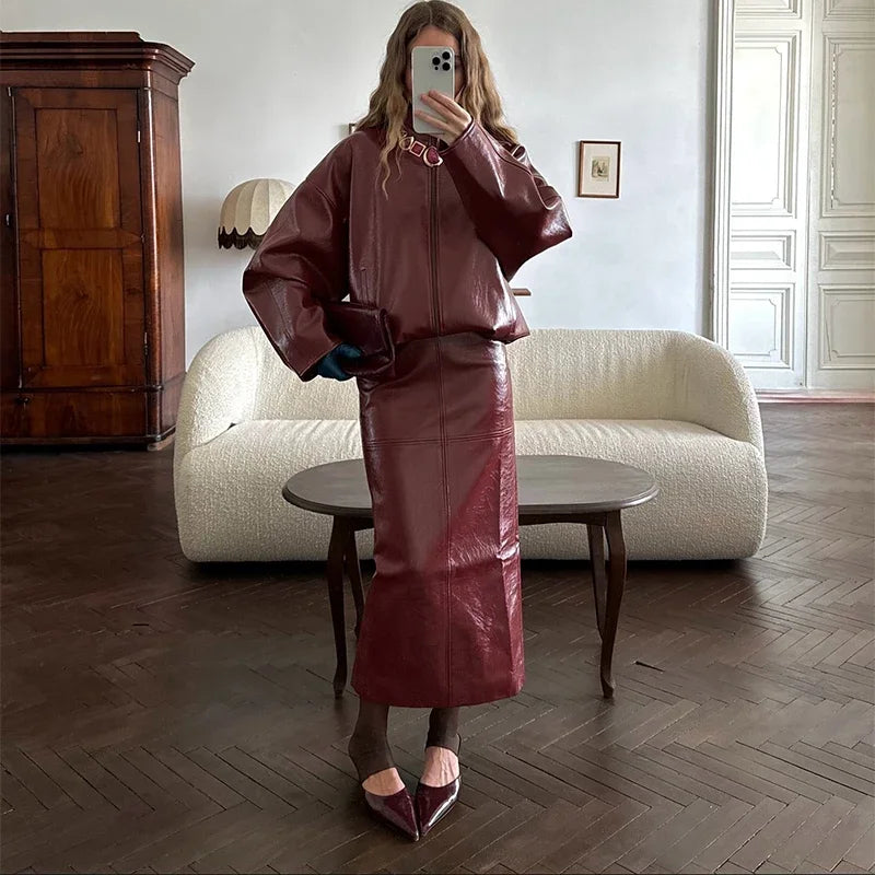 Vintage Solid Pu Leather Jacket Skirt Set High Neck Coat Slim Fit Long Skirt Coats Skirt Sets 2025 New Autumn Winter Lady Outfit