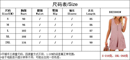 Women Loose Pocket Playsuits Summer Female V Neck Button Sleeveless Tank Wide Leg Romper Jumpsuits Female Overalls BXKJ-BX23002