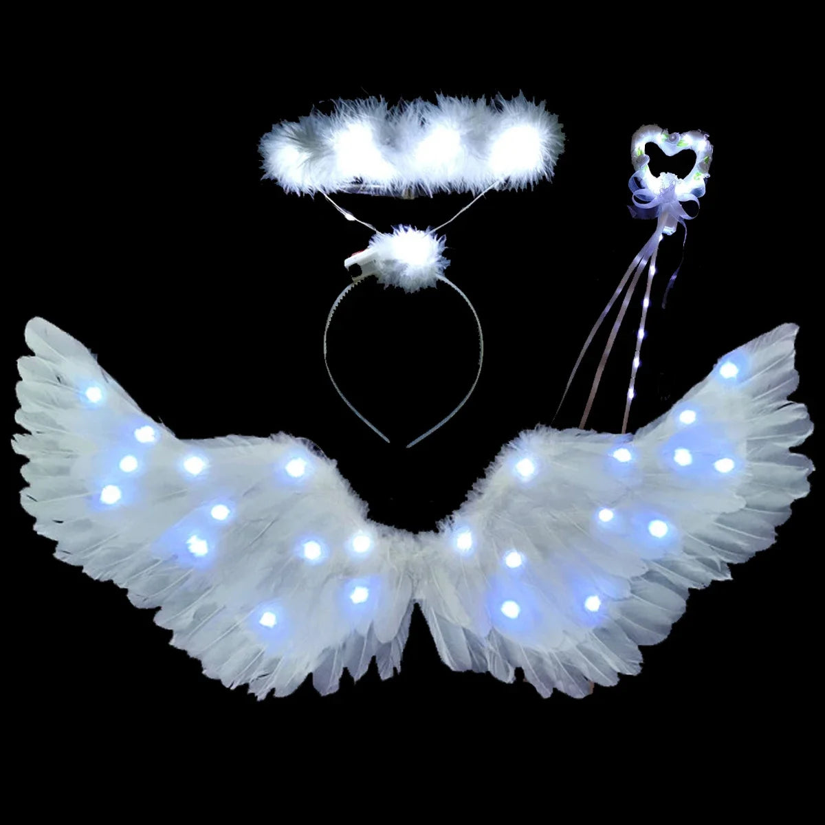 Light up angel costume for girls featuring LED wings, halo, and wand accessories for a magical look