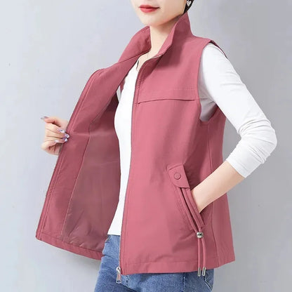 Casual Khaki Short Women's Vest Oversize Liner Sleeveless Jackets 2023 Spring Summer New Zipper Basic Waistcoat Female Outerwear