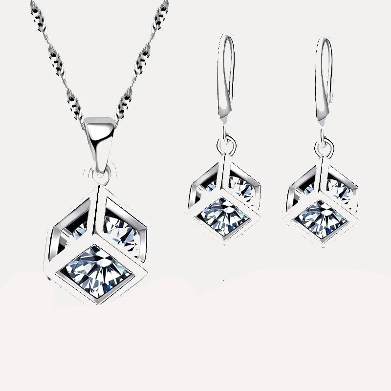 Trendy Design Jewelry Set For Women 925 Sterling Silver Color Jewelry Set Square Pendant Necklace Earrings Wholesale  Promotion