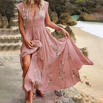 Beach Boho Dress Women Ruffled V-Neck Floral Vintage High Waist A-Line Long Dress Sleeveless Lace Up Jacquard Maxi Sundress