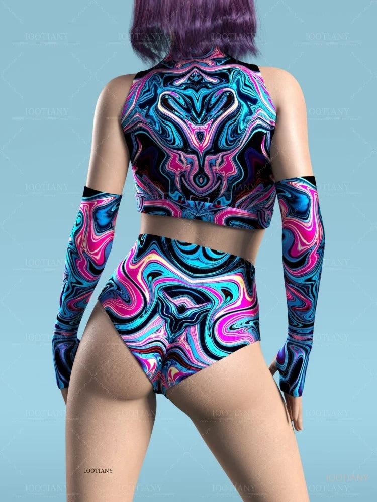 Adult Sleeveless Multicolor Role Play Bodysuit Swimsuit Women Sexy Hollow Off Shoulder Graffiti Art Bodycon Performance Costume