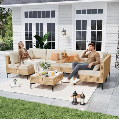 Paito Furniture Set, 110" Large 7-Piece Wicker Outdoor Paito Furniture Sets with Coffee Table,Boho Patioes Set Sectional Sofa