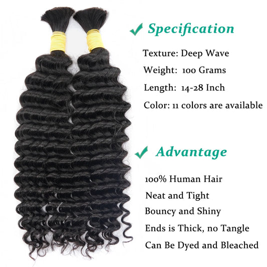 LOVEVOL Braiding Hair Brazilian Deep Wave Bulk Human Hair No Weft Bundle 100g/Pack Virgin Curly  Bulk Hair Extension For Women