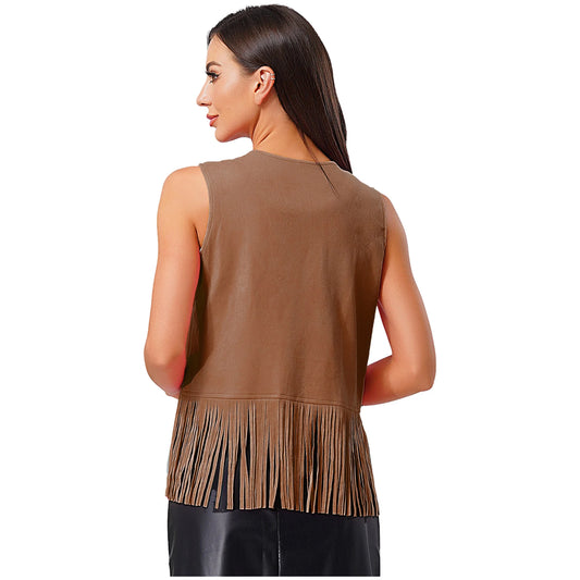 Womens Western Cowgirl Hippy Cosplay Costume Vintage Hollow Out Tassel Tank Tops Fringe Vest 70s Disco Faux Suede Waistcoat