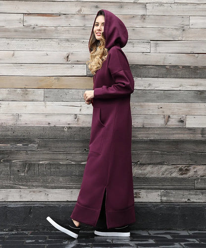 Autumn and Winter New Loose Size Knitted Hooded Long Dress Plush Casual Fashion Dress Large Pocket Skirt Women's Wear