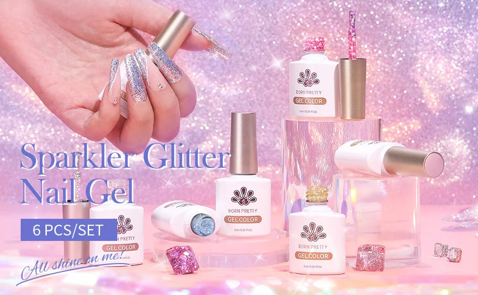 BORN PRETTY 7ml Glitter Gel Nail Polish Set Sparkly Shiny Gold Silver Pink Glitter Gel Polish Kit Winter Christmas Gift Box