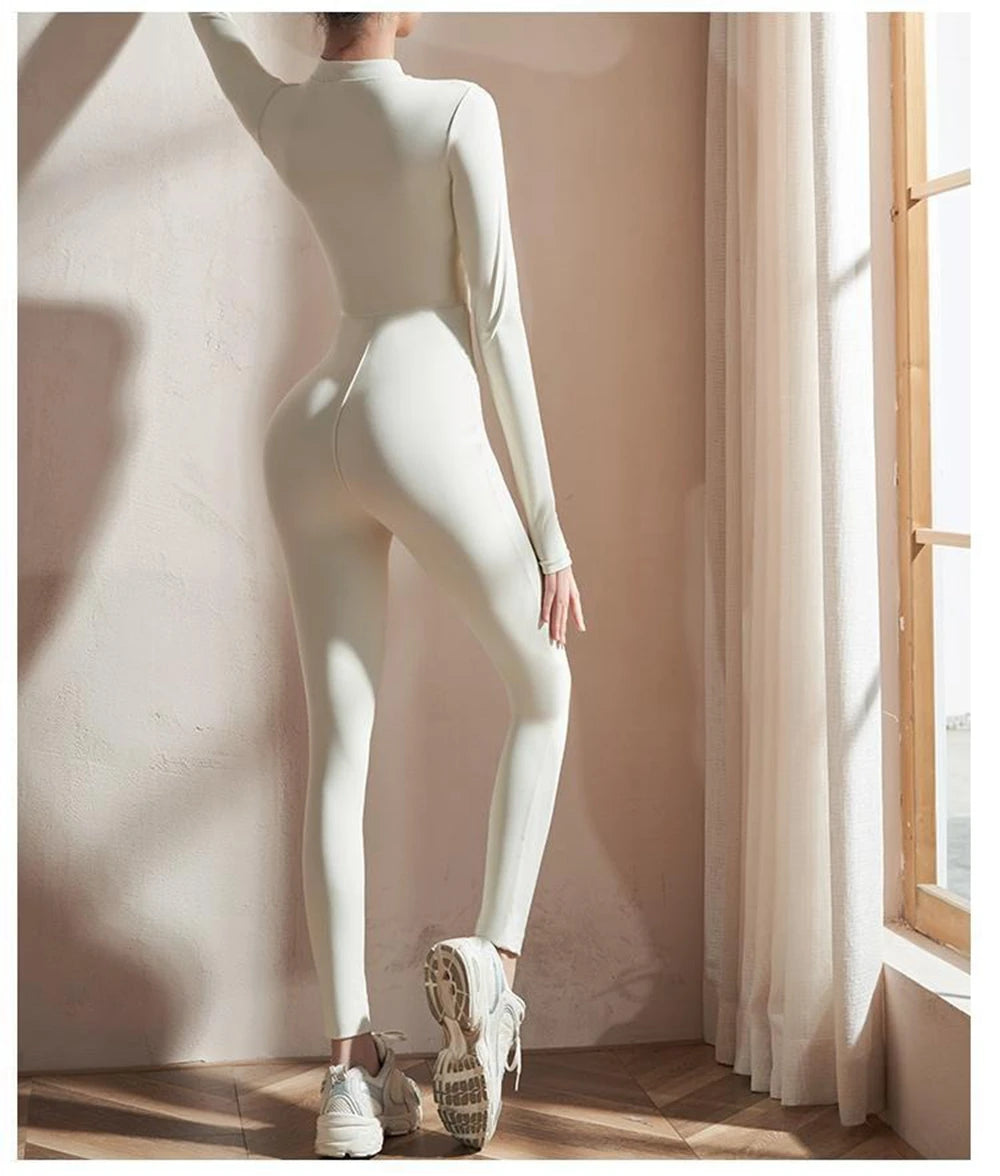 Womens Jumpsuits Long Sleeve Yoga Slim Fit Stretch One Piece Romper Sexy Fitness Female Basic Sportwears Tight Zipper