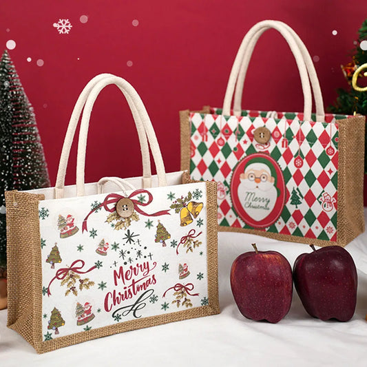 Christmas Tote Bag Santa Claus Prints Large Capacity Jute Handbag Female Eco-Friendly Shopping Christmas Gift Handbag New
