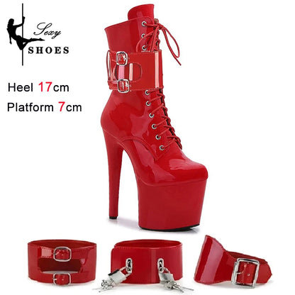 New Sexy Red Fetish Zip Women's Boots T Show Lock Belt Buckle Club Party Ankle Boots Thin High Heels Laces Stripper Heels Boots