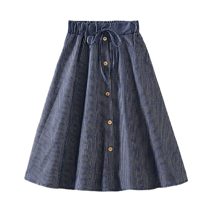 Pleated Skirt Girls Waist Long Denim Skirt Female New Kong Flavor Summer Arts Students Border Ladies Skirts Below Knee Length