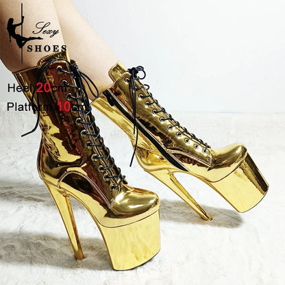 New Gold Shoes for Women 2025 Platform Heels Pole Dance Stripper 20cm/8Inch Sexy Ankle Boots Round ToeThin Heels Ladies Shoes