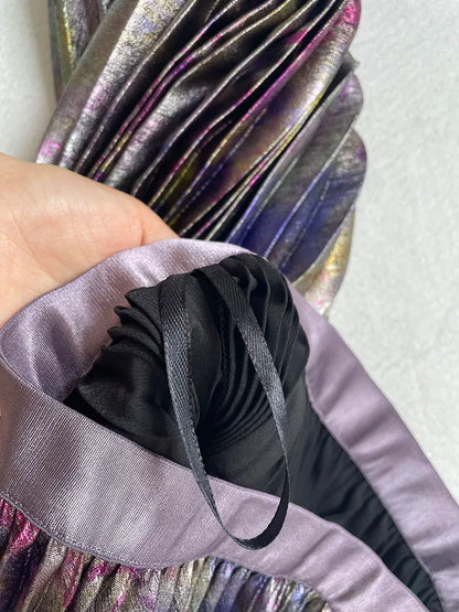 Shiny Colorful Luxury High Waist Metallic Pleated Midi Skirt 2025 Fashion Trends Elastic Waistband Pleated Skirt Old Money Style