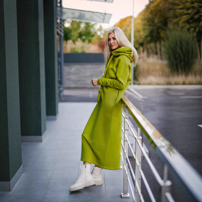 Plus Size Women Fashion Loose Autumn Winter Large Knitted Hooded Long Dress Velvet Hoodie Casual Dress Splicing Warm Dress