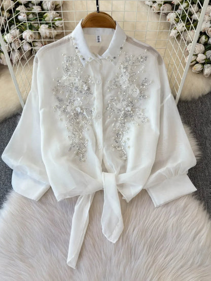 Beads Sequin Flower Blusas Mujer Rainbow Color Shirts & Blouses Lace-up Bow Camisas 2026 Spring Women Clothing Ropa