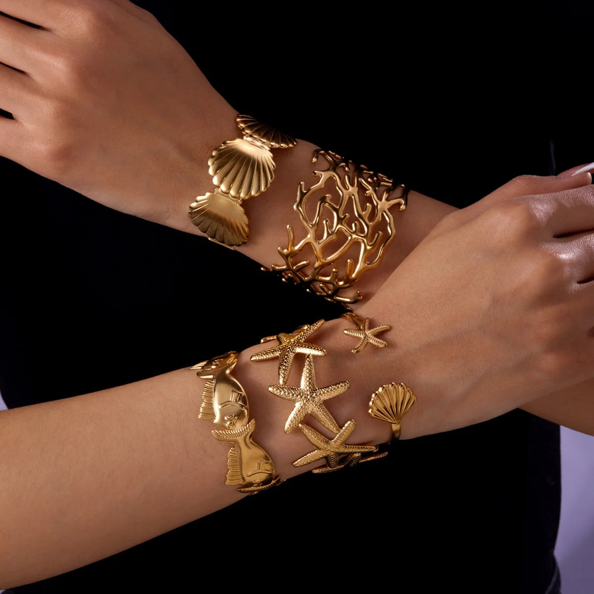 Exaggerated Metal Shell Starfish Flower Bangles Bracelets For Women Men Stainless Steel Fish Bow Heart Open Cuff Bangle Jewelry