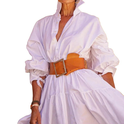 2024 Autumn New Women's Clothing Solid Color Fashionable Temperament Long Sleeved Sleeve Lace Up Casual Mid Length Lapel Dress