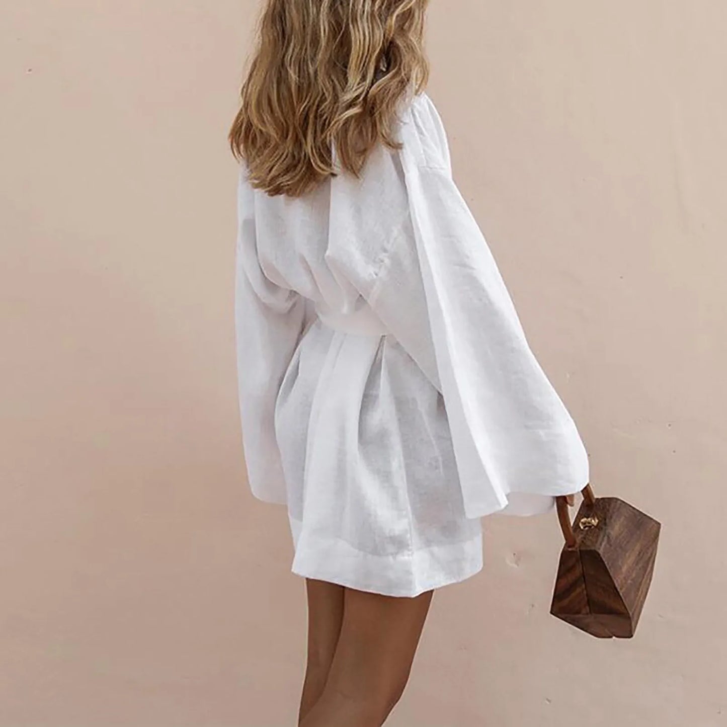 Women's Lace Up V-Neck Mini Dress 2025 New Cotton Linen Sashes Dresses Solid Long Sleeve Vestidos Loose Kimono Cardigan Dress