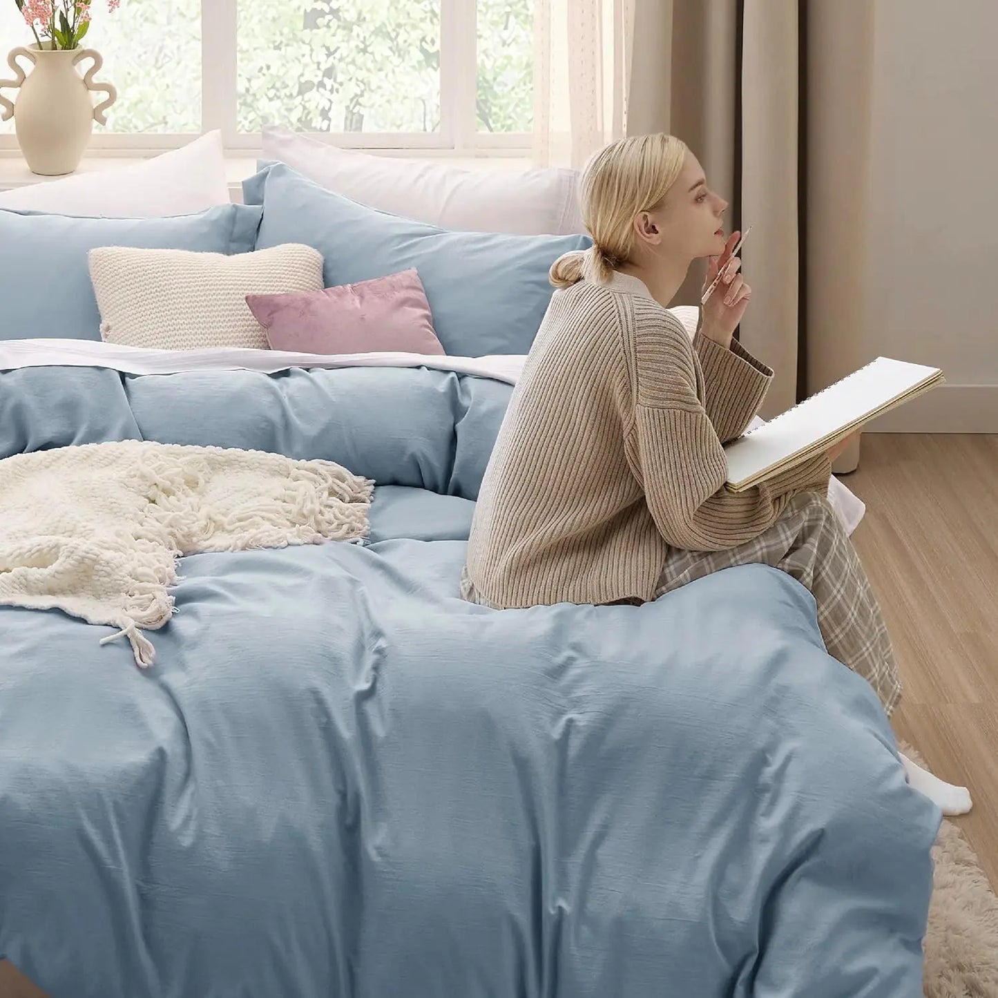 Mineral Blue Duvet Cover Queen Size - Soft Prewashed Set, 3 Pieces, 1 Duvet Cover 90x90 Inches with Zipper Closure and 2