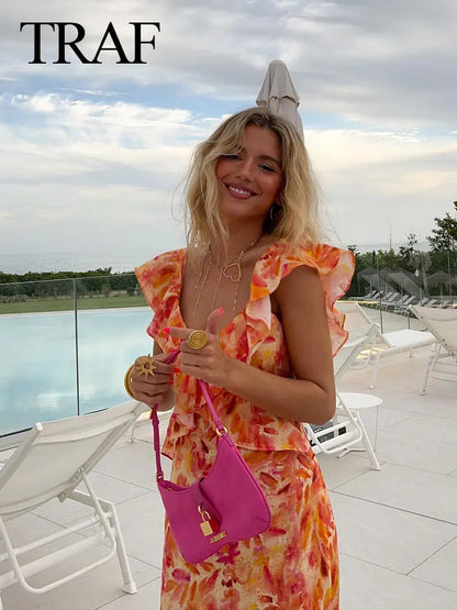 TRAF Summer Fashion Women Sexy V-neck Sleeveless Backless Orange Dress Ruffle Printed Hollow Out Women's Long Dresses For Beach