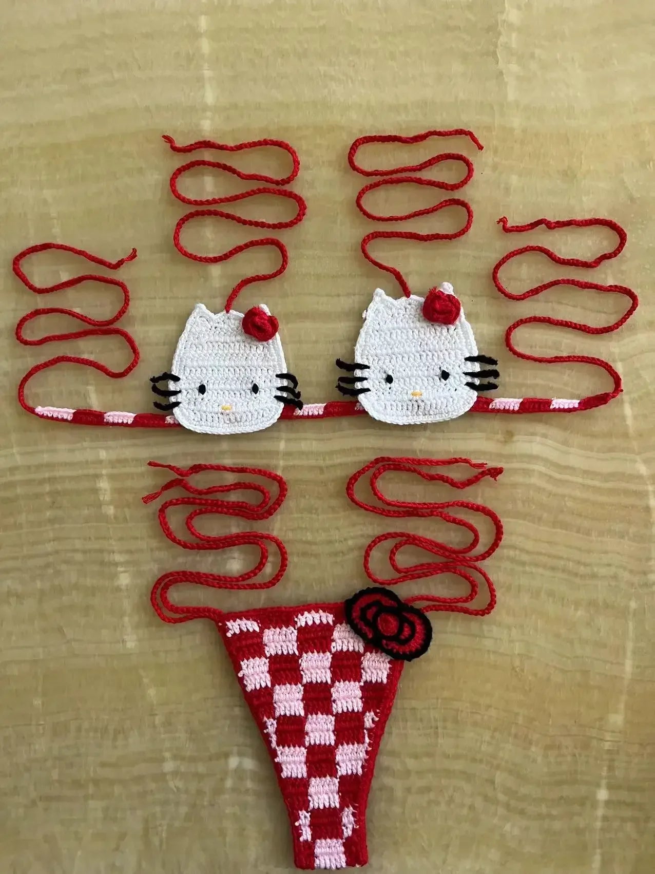 Sanrio Crochet Bikini Set Cute Girls Swimsuits Hello Kitty Sexy Bathing Suit Micro Ties Bikinis Beachwear Women Swimming Suit