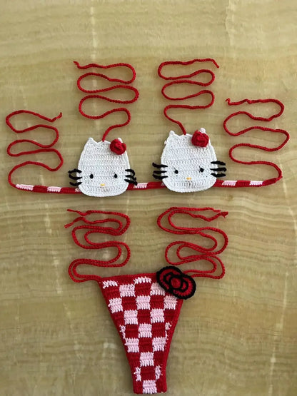 Sanrio Crochet Bikini Set Cute Girls Swimsuits Hello Kitty Sexy Bathing Suit Micro Ties Bikinis Beachwear Women Swimming Suit