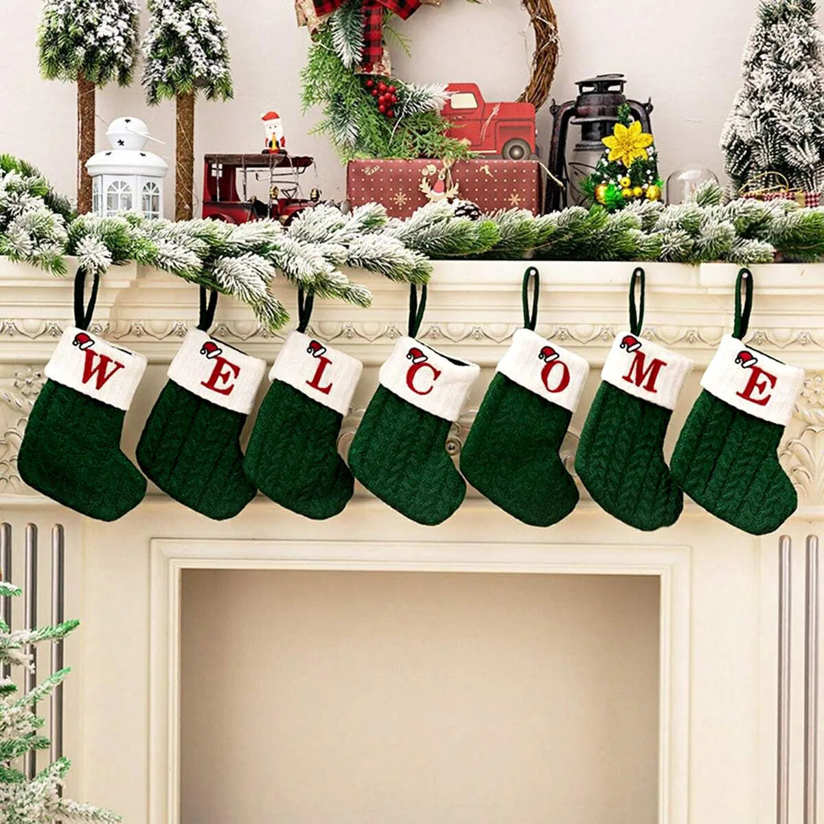 Christmas Letters Stocking Christmas Decor For Home 2024 Xmas Tree Pendant Gifts Green Snowflake Socks Christmas Party Decors