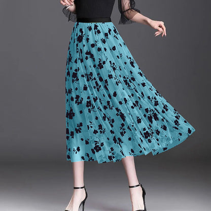 Women Vintage Fashion Floral Printed Flowy A Line Skirt Casual Boho Slim Fit Long Skirt Elegant Chic Summer Mesh Chiffon Skirts