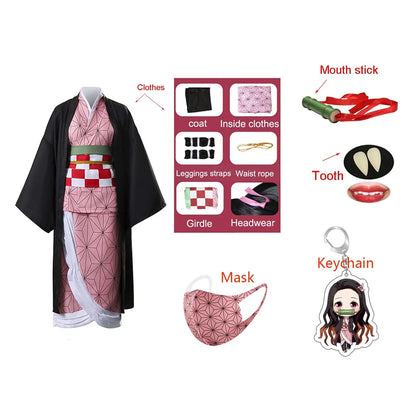 Demon Slayer Nezuko cosplay costume with accessories including mask, keychain, and mouth stick