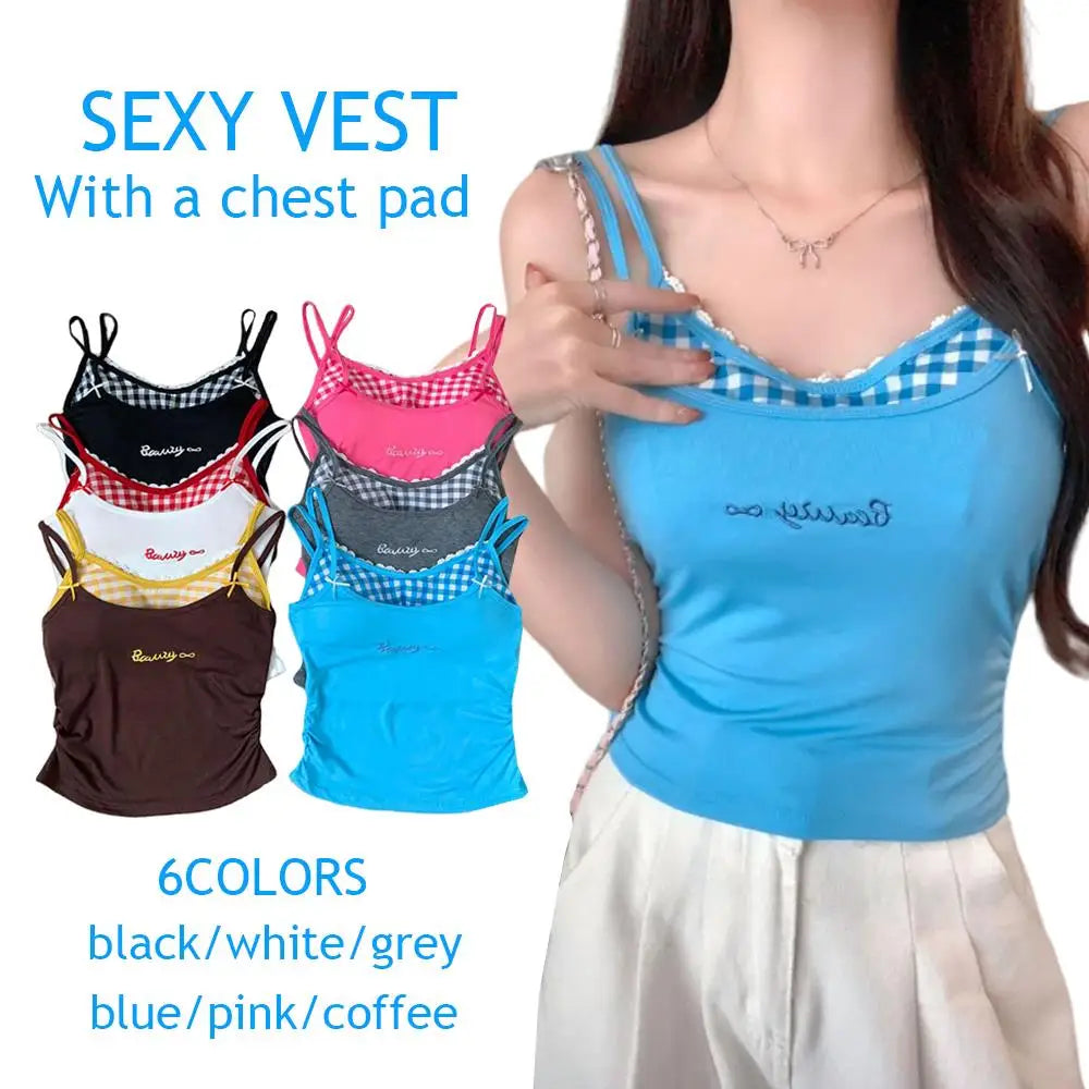 Sexy Plaid Tank Top With Chest Pad Fashion Slim Vest Women Backless Innerwear Camisole Sweet Spicy Girl Women Summer Top 2025