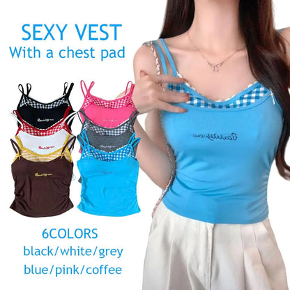 Sexy Plaid Tank Top With Chest Pad Fashion Slim Vest Women Backless Innerwear Camisole Sweet Spicy Girl Women Summer Top 2025