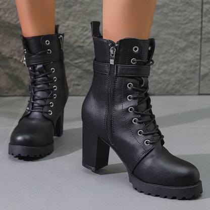 Women's Ankle Boots Green Large Size Winter 2025 New Horse Biker Chunky Rubber Bottom High Heel Platform Casual Basic Rain Shoes