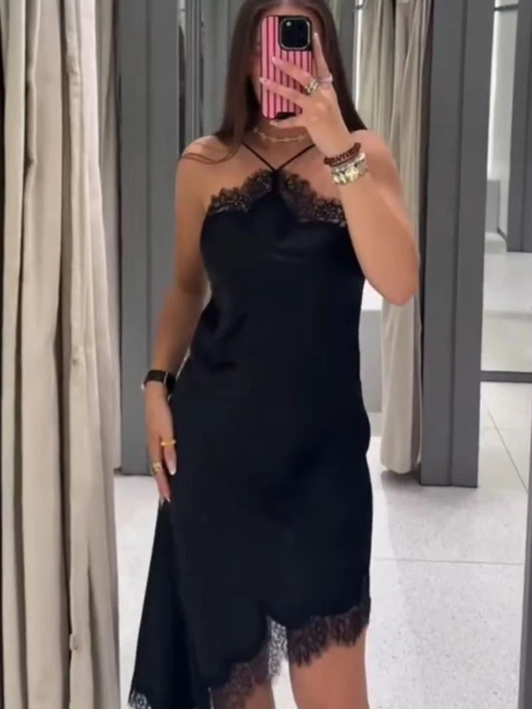 2025 Sexy Lace Spliced Sling Dresses For Women Elegant Sleeveless Backless Irregular Hem Dress Lady Chic Holiday Party Wear