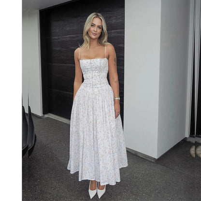 Mingmingxi Summer Floral Print Dress Elegant 2025 New Arrivals Spaghetti Strap Flare Dress Maxi Holiday Party Dresses Women