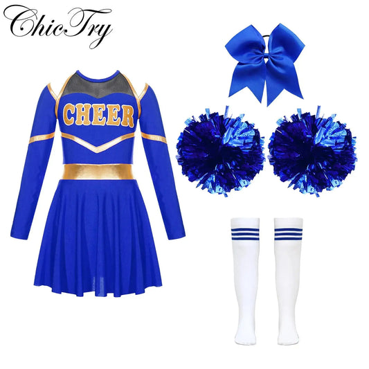 EtherealBe girls cheerleading uniform set in blue with pom poms, bow, and knee-high socks