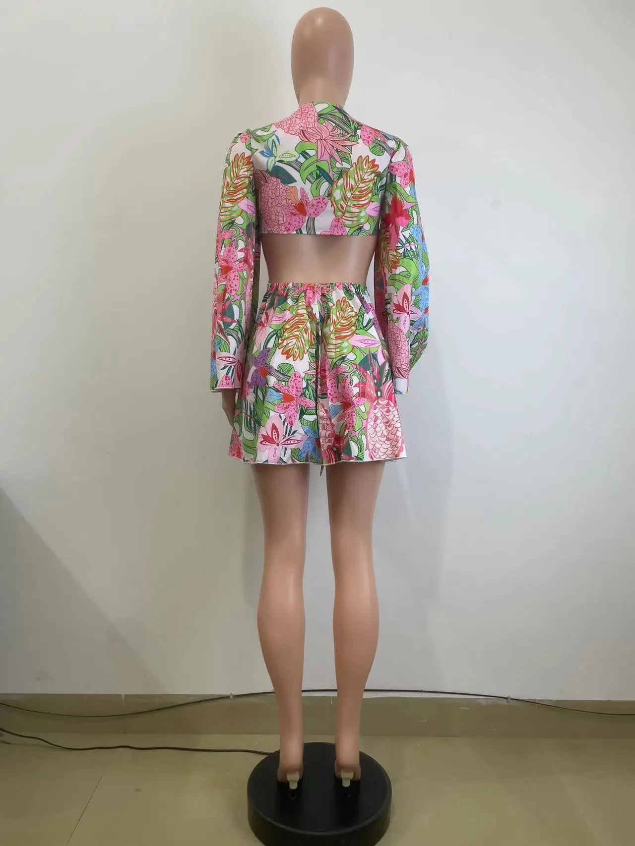 Two Piece Sets Women Skirt Set Print Floral Matching Sets V Neck Flare Sleeve Top Short Skirts Dress Sets Lace Up High Waist