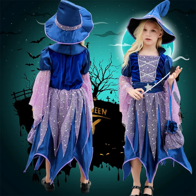 Kids Halloween witch costume with bag featuring a blue dress and matching hat with sparkles