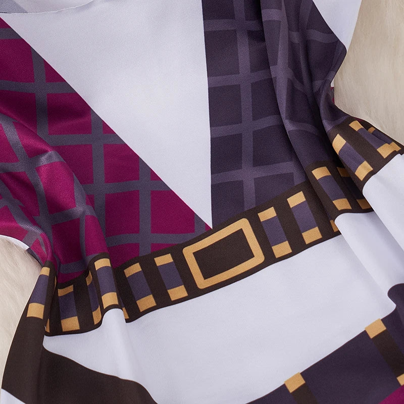 EtherealBe kawaii cartoon bodysuit costume for women close up of printed belt and purple plaid fabric
