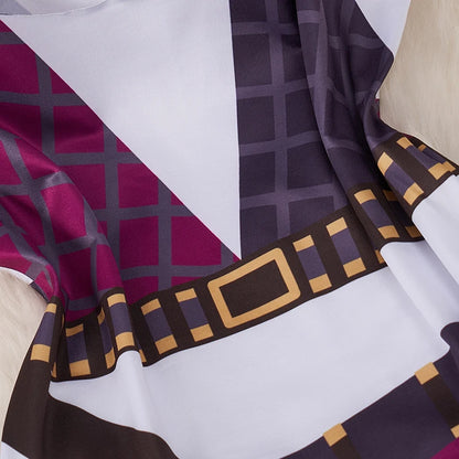 EtherealBe kawaii cartoon bodysuit costume for women close up of printed belt and purple plaid fabric