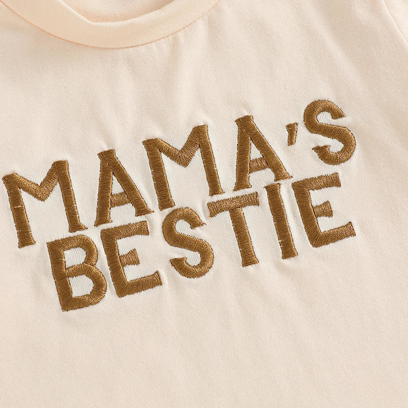EtherealBe 2-piece outfit for toddler adventures featuring a soft tan shirt with 'Mama's Bestie' embroidery