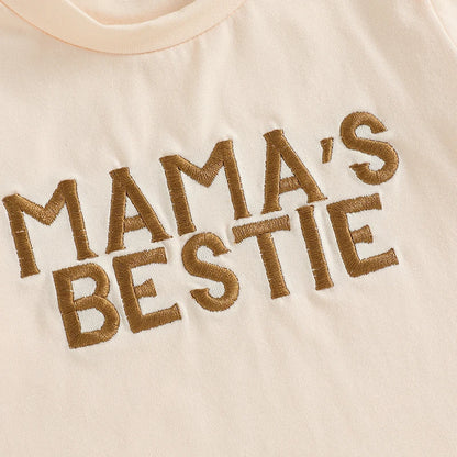 EtherealBe 2-piece outfit for toddler adventures featuring a soft tan shirt with 'Mama's Bestie' embroidery