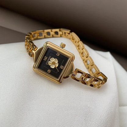 New vintage women's watch black gold camellia chain  light luxury fashionable square high-end women's quartz watch