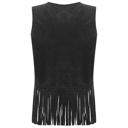 Womens Western Cowgirl Hippy Cosplay Costume Vintage Hollow Out Tassel Tank Tops Fringe Vest 70s Disco Faux Suede Waistcoat